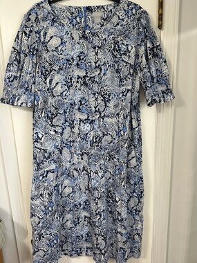 Chico's Midi Dress Smocked Puff Sleeve Print Dress Blue and White Size 3 (US 16)